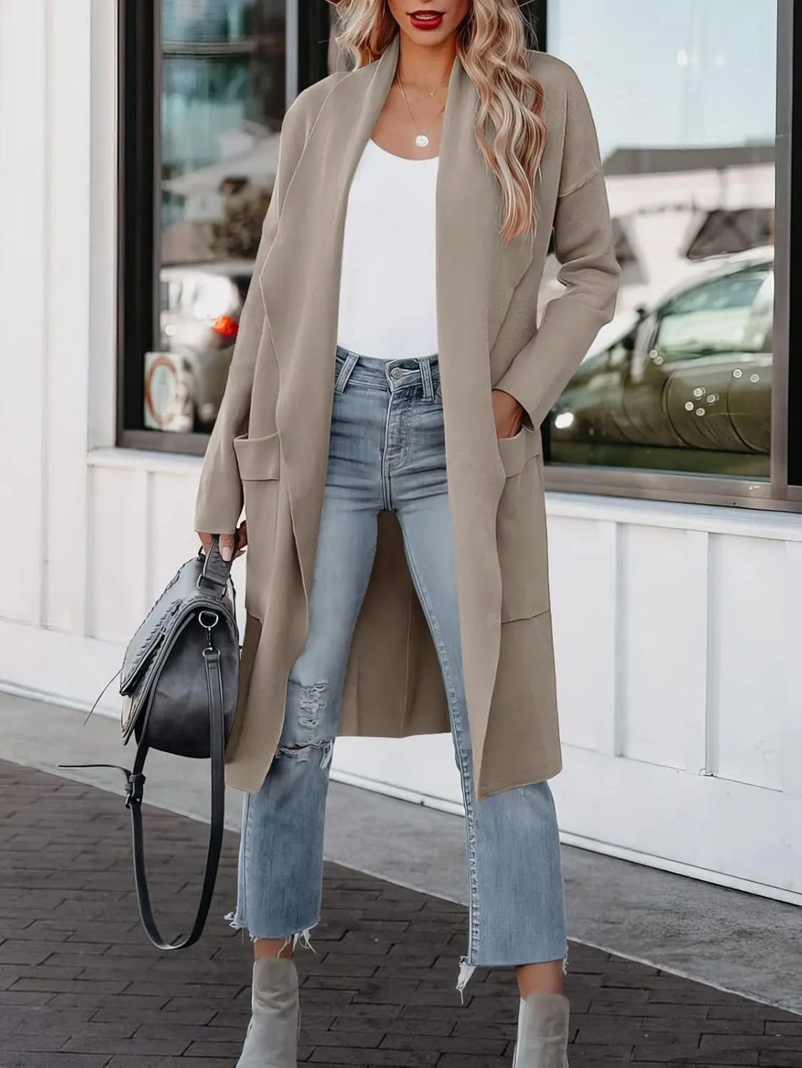 kinstell Women's Casual Long Sleeve Open Front Knit Draped Long Cardigan Jackets Sweater Coat with Pockets