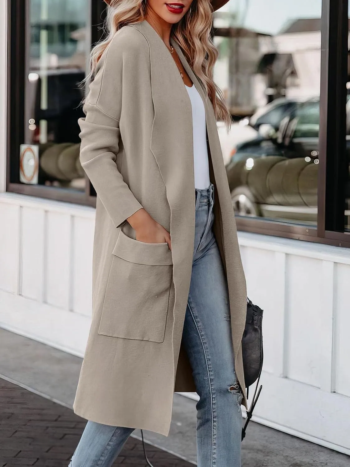 kinstell Women's Casual Long Sleeve Open Front Knit Draped Long Cardigan Jackets Sweater Coat with Pockets