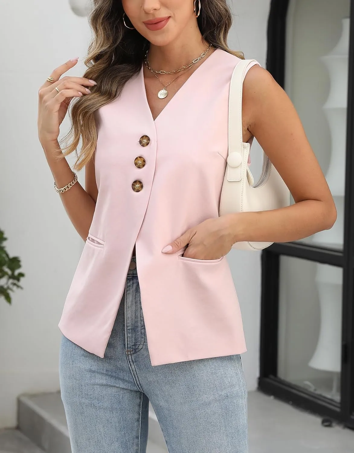 Ladyful Womens Sleeveless Blazer Vest Tops Casual Dressy V Neck Suit Vest Lightweight Work Business Waistcoat Vest