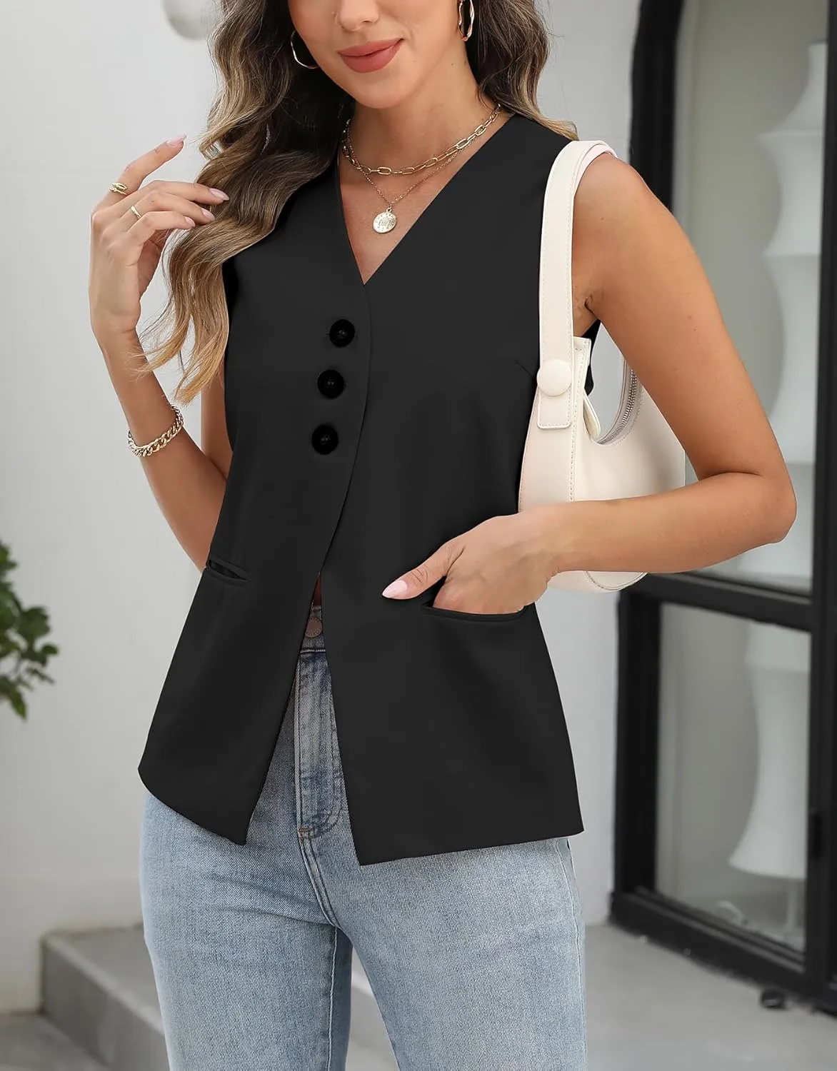 Ladyful Womens Sleeveless Blazer Vest Tops Casual Dressy V Neck Suit Vest Lightweight Work Business Waistcoat Vest