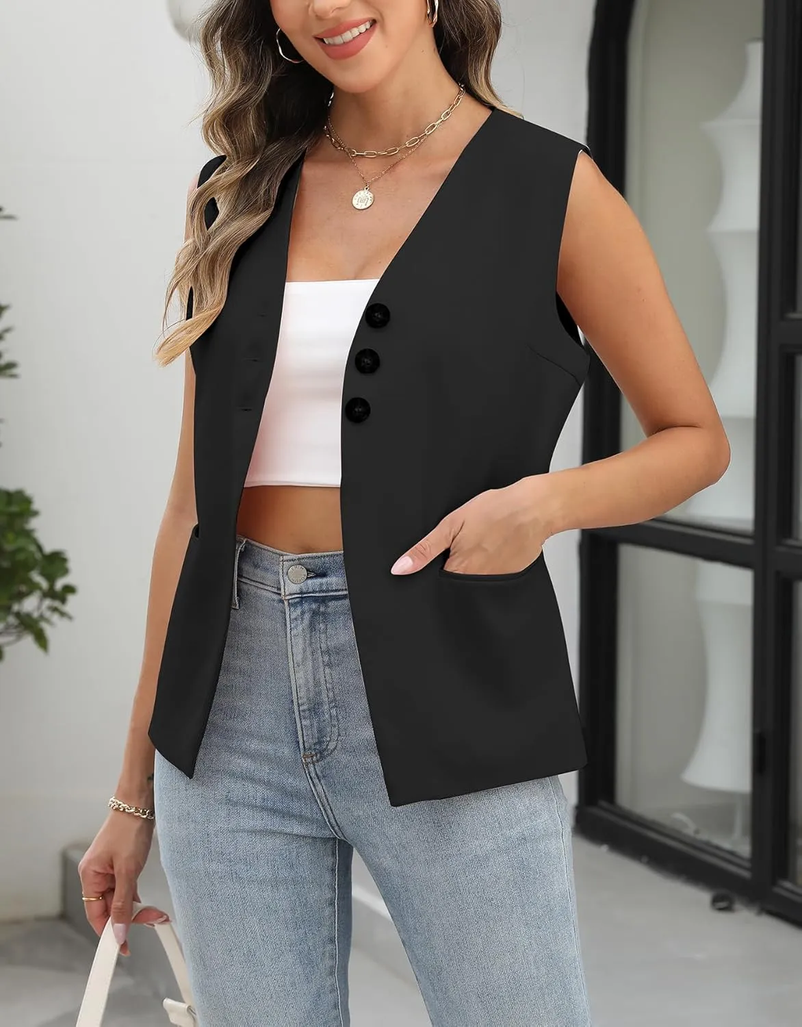 Ladyful Womens Sleeveless Blazer Vest Tops Casual Dressy V Neck Suit Vest Lightweight Work Business Waistcoat Vest
