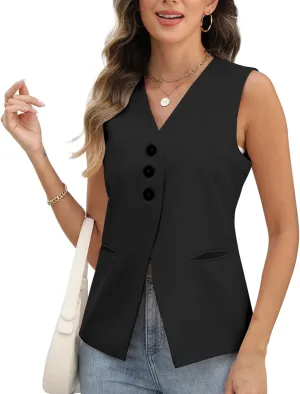 Ladyful Womens Sleeveless Blazer Vest Tops Casual Dressy V Neck Suit Vest Lightweight Work Business Waistcoat Vest