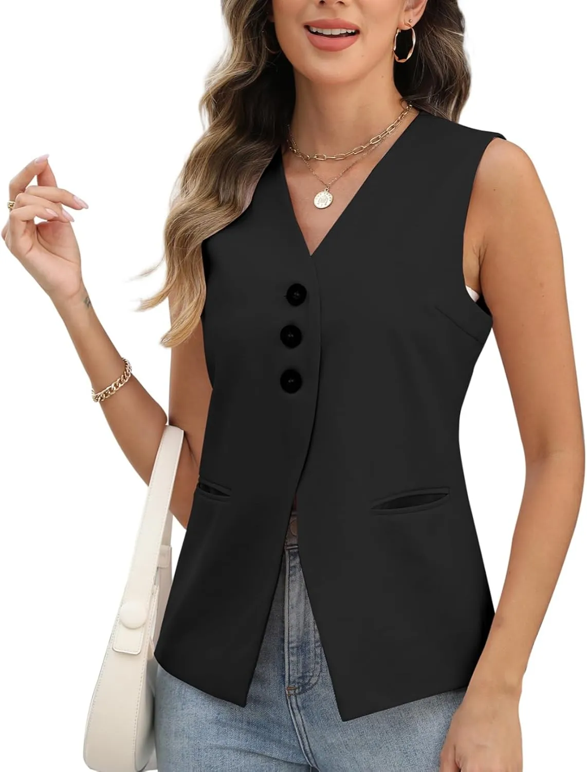 Ladyful Womens Sleeveless Blazer Vest Tops Casual Dressy V Neck Suit Vest Lightweight Work Business Waistcoat Vest