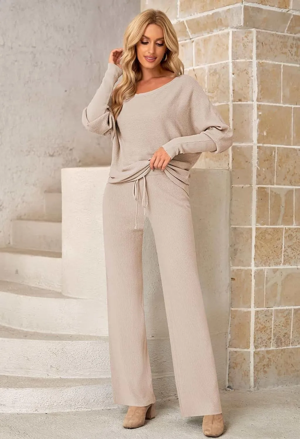 LaSuiveur Women's 2 Piece Outfits Sweater Set Long Sleeve Knit Pullover Wide Leg Pants Sweatsuit Lounge Set