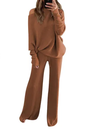 LaSuiveur Women's 2 Piece Outfits Sweater Set Long Sleeve Knit Pullover Wide Leg Pants Sweatsuit Lounge Set
