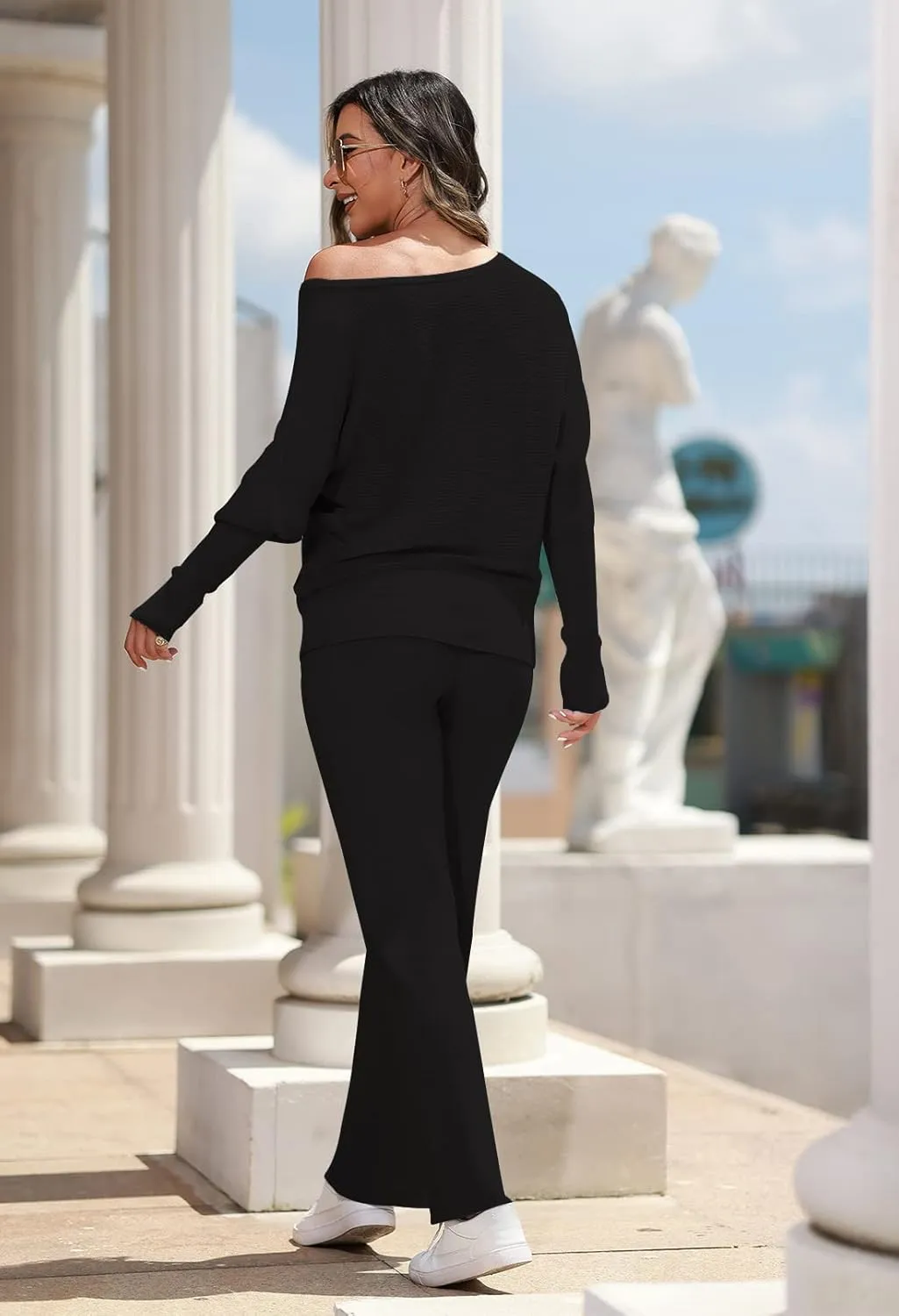 LaSuiveur Women's 2 Piece Outfits Sweater Set Long Sleeve Knit Pullover Wide Leg Pants Sweatsuit Lounge Set