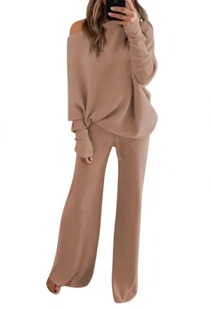 LaSuiveur Women's 2 Piece Outfits Sweater Set Long Sleeve Knit Pullover Wide Leg Pants Sweatsuit Lounge Set