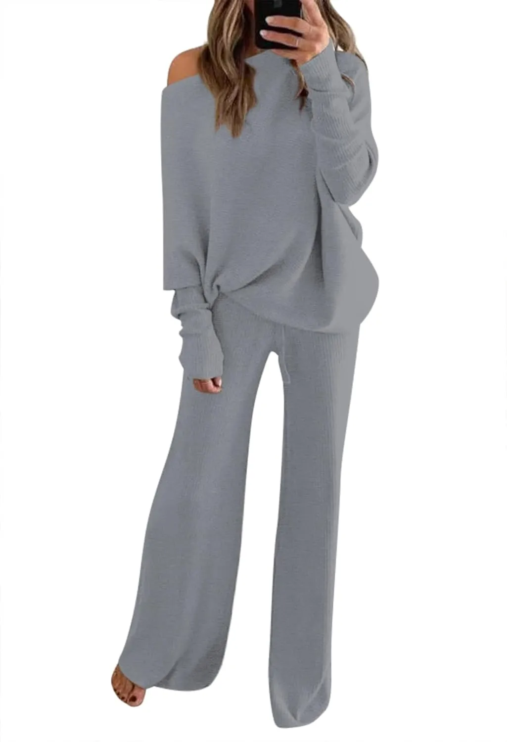 LaSuiveur Women's 2 Piece Outfits Sweater Set Long Sleeve Knit Pullover Wide Leg Pants Sweatsuit Lounge Set