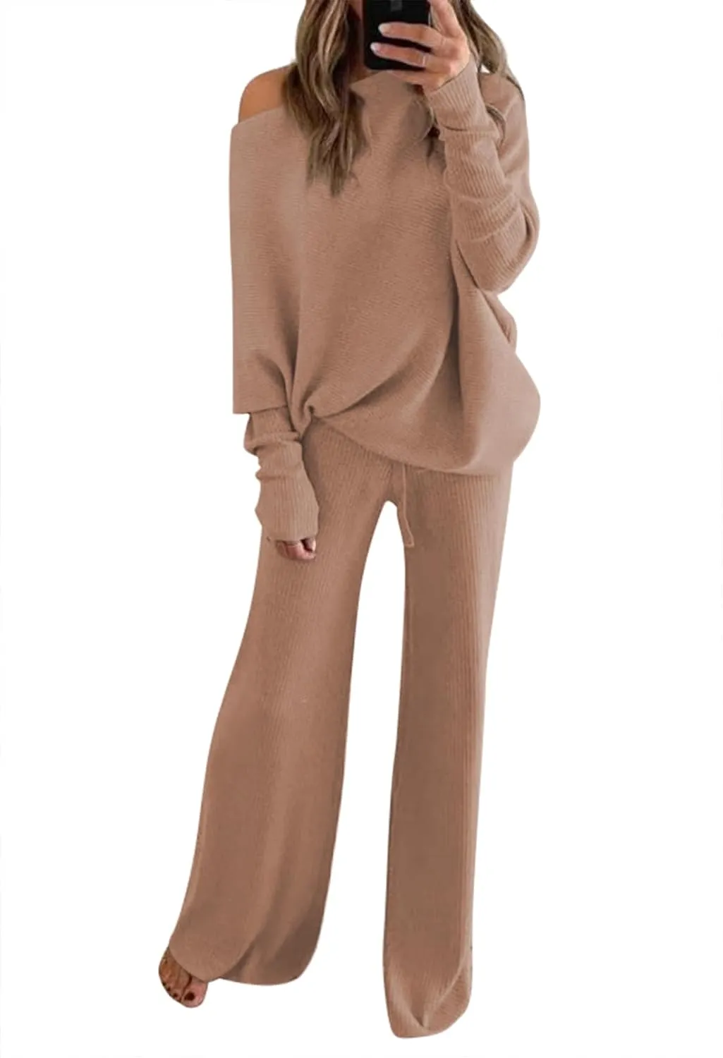 LaSuiveur Women's 2 Piece Outfits Sweater Set Long Sleeve Knit Pullover Wide Leg Pants Sweatsuit Lounge Set