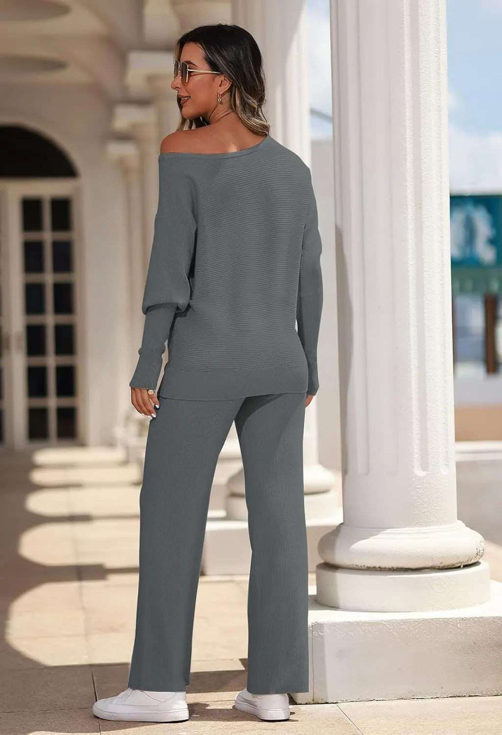 LaSuiveur Women's 2 Piece Outfits Sweater Set Long Sleeve Knit Pullover Wide Leg Pants Sweatsuit Lounge Set