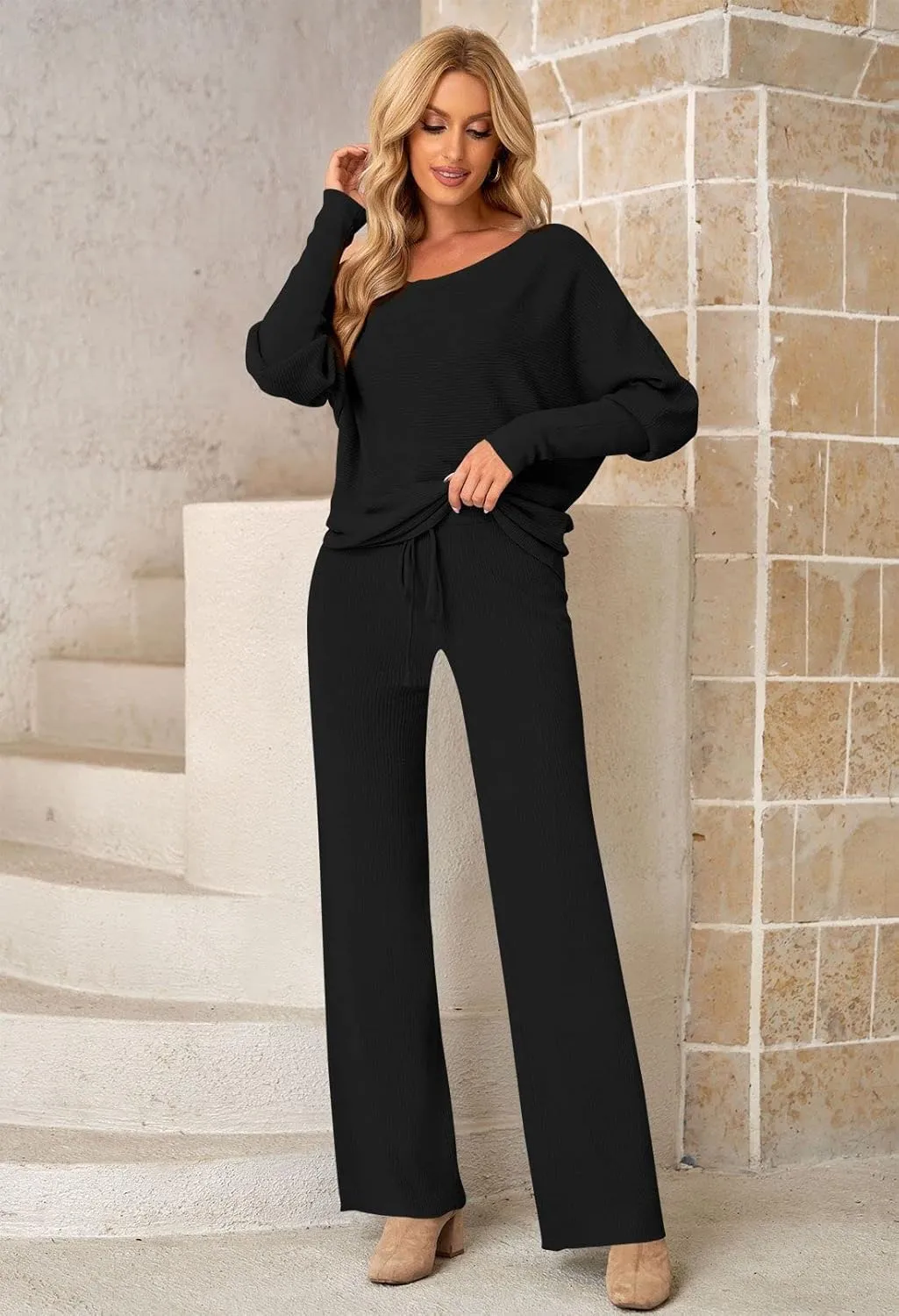 LaSuiveur Women's 2 Piece Outfits Sweater Set Long Sleeve Knit Pullover Wide Leg Pants Sweatsuit Lounge Set