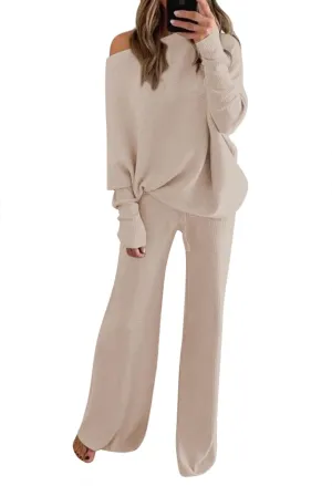 LaSuiveur Women's 2 Piece Outfits Sweater Set Long Sleeve Knit Pullover Wide Leg Pants Sweatsuit Lounge Set