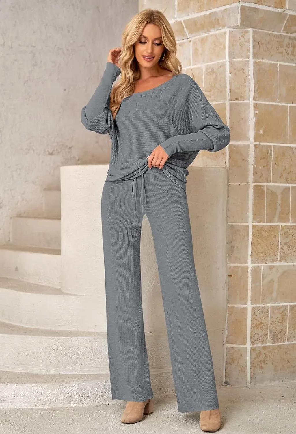 LaSuiveur Women's 2 Piece Outfits Sweater Set Long Sleeve Knit Pullover Wide Leg Pants Sweatsuit Lounge Set