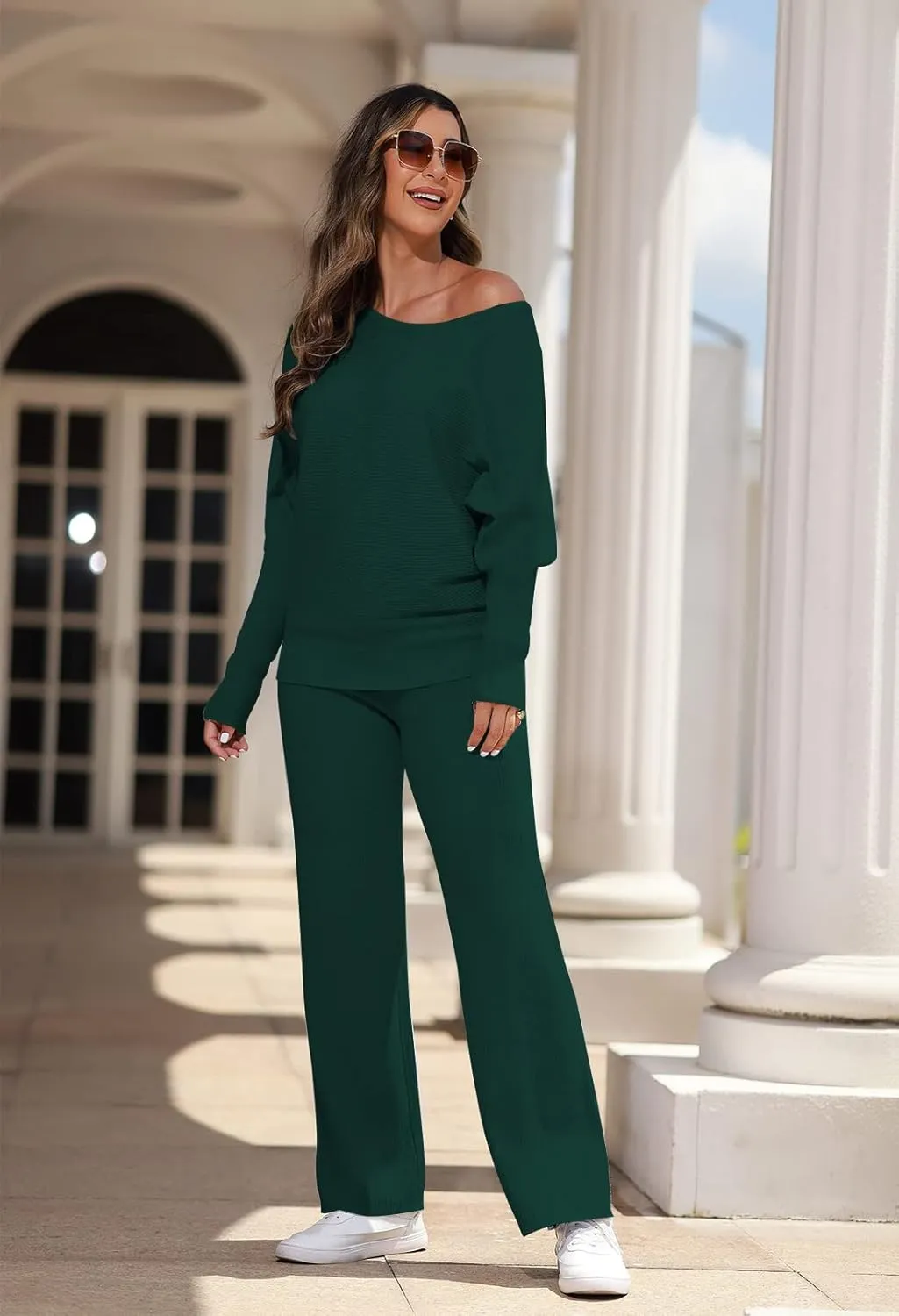 LaSuiveur Women's 2 Piece Outfits Sweater Set Long Sleeve Knit Pullover Wide Leg Pants Sweatsuit Lounge Set