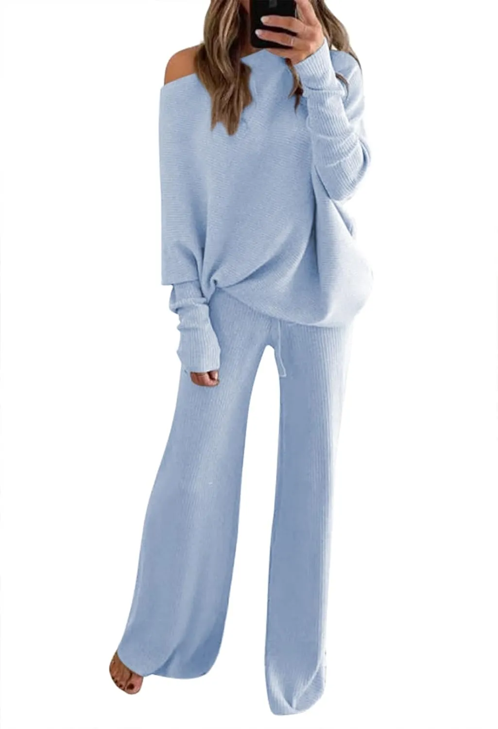 LaSuiveur Women's 2 Piece Outfits Sweater Set Long Sleeve Knit Pullover Wide Leg Pants Sweatsuit Lounge Set