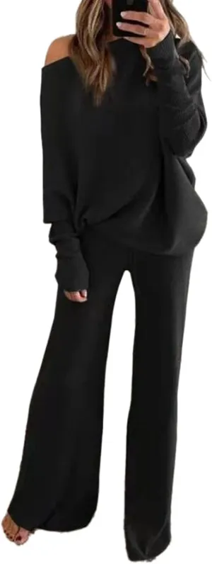 LaSuiveur Women's 2 Piece Outfits Sweater Set Long Sleeve Knit Pullover Wide Leg Pants Sweatsuit Lounge Set