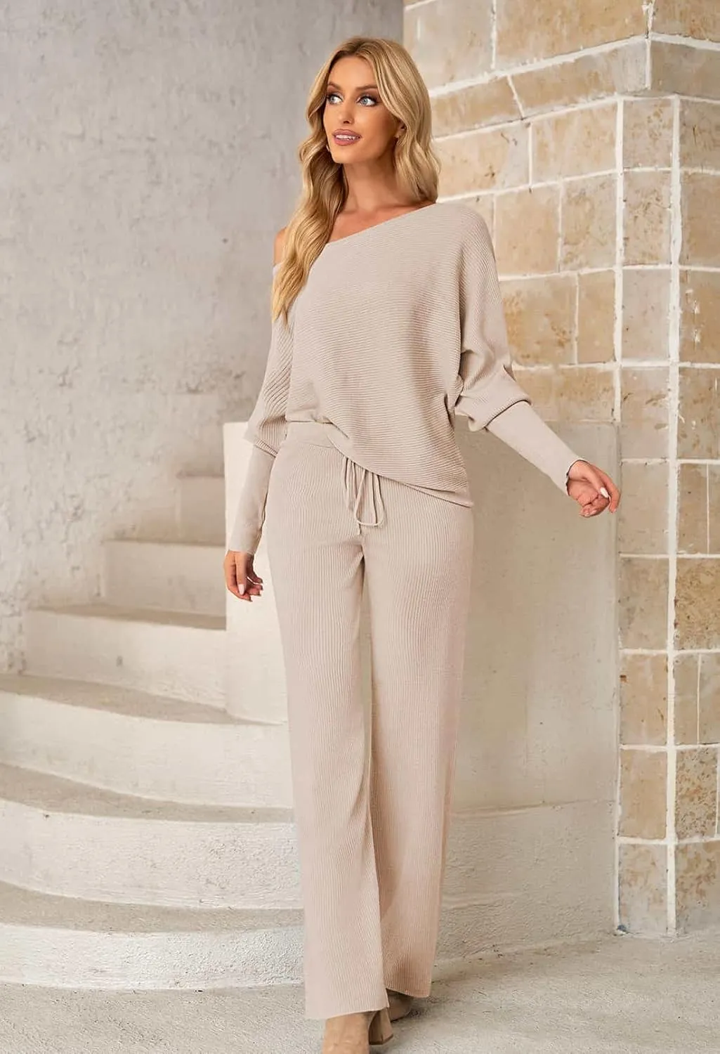 LaSuiveur Women's 2 Piece Outfits Sweater Set Long Sleeve Knit Pullover Wide Leg Pants Sweatsuit Lounge Set
