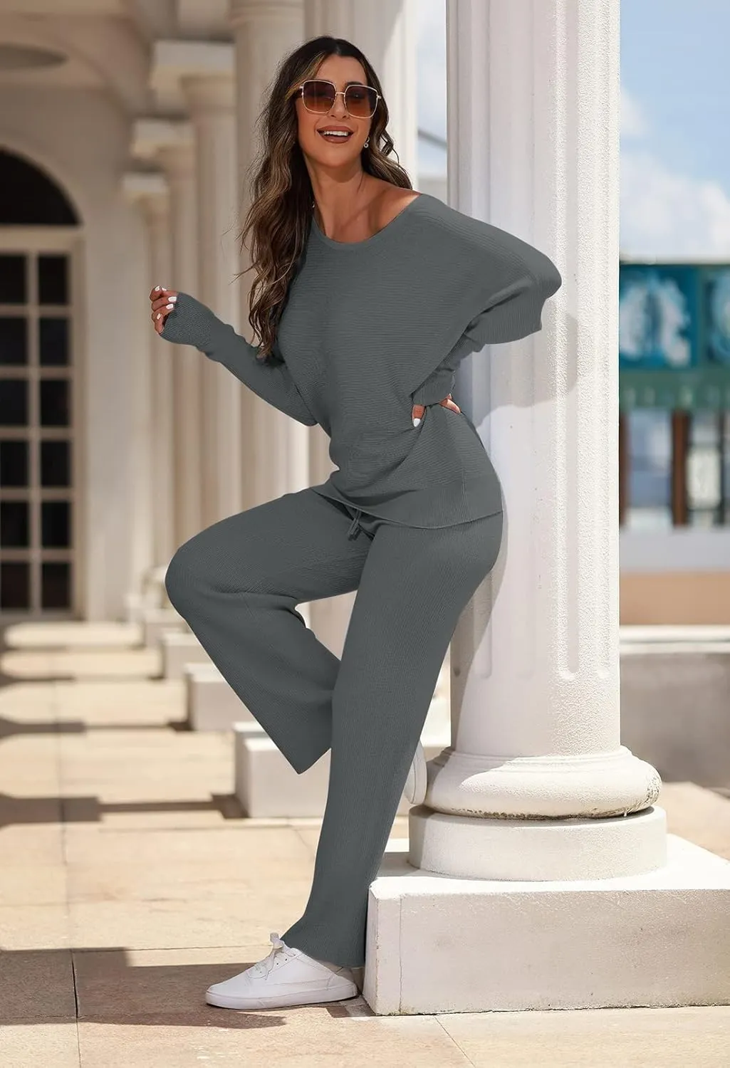 LaSuiveur Women's 2 Piece Outfits Sweater Set Long Sleeve Knit Pullover Wide Leg Pants Sweatsuit Lounge Set