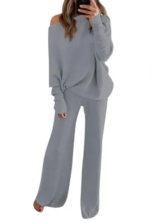 LaSuiveur Women's 2 Piece Outfits Sweater Set Long Sleeve Knit Pullover Wide Leg Pants Sweatsuit Lounge Set