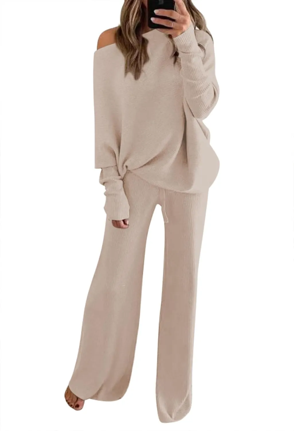 LaSuiveur Women's 2 Piece Outfits Sweater Set Long Sleeve Knit Pullover Wide Leg Pants Sweatsuit Lounge Set