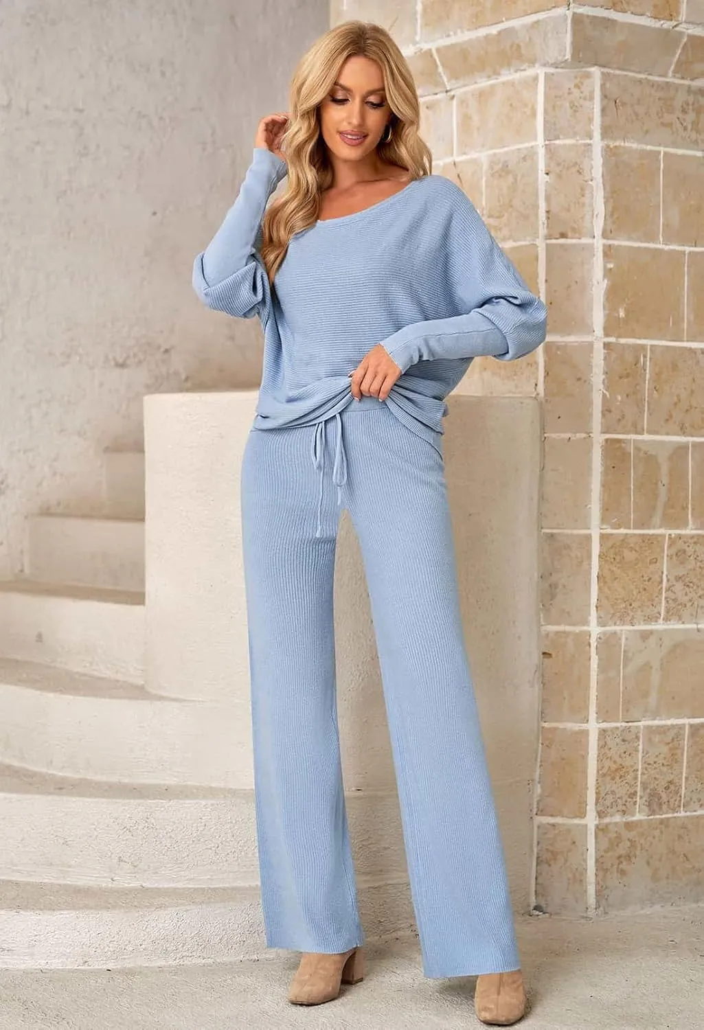 LaSuiveur Women's 2 Piece Outfits Sweater Set Long Sleeve Knit Pullover Wide Leg Pants Sweatsuit Lounge Set
