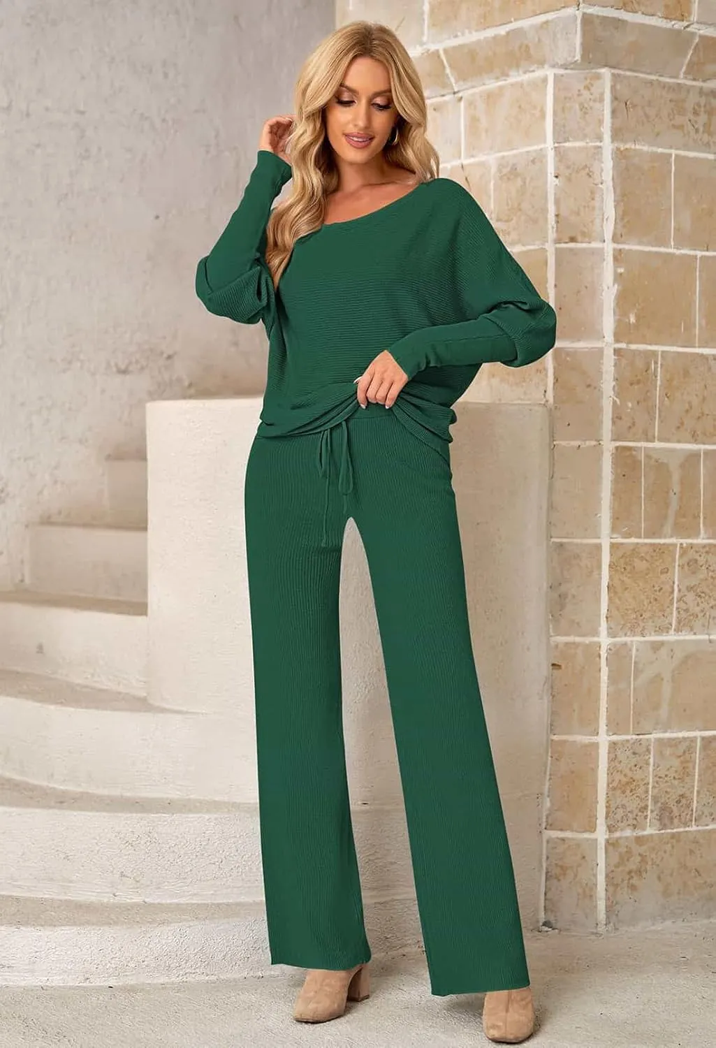 LaSuiveur Women's 2 Piece Outfits Sweater Set Long Sleeve Knit Pullover Wide Leg Pants Sweatsuit Lounge Set