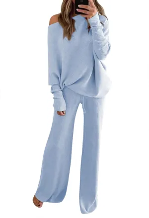 LaSuiveur Women's 2 Piece Outfits Sweater Set Long Sleeve Knit Pullover Wide Leg Pants Sweatsuit Lounge Set