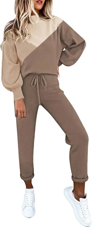 LaSuiveur Women's Two Piece Outfits Sweater Sets Knit Pullover with Drawstring Long Pants Tracksuit Lounge Set