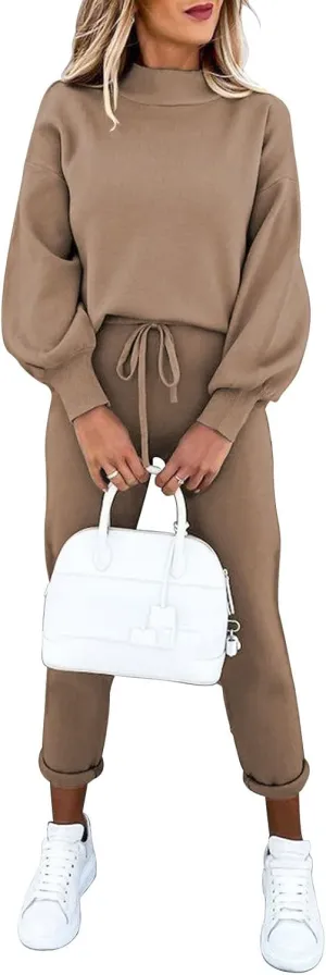 LaSuiveur Women's Two Piece Outfits Sweater Sets Knit Pullover with Drawstring Long Pants Tracksuit Lounge Set