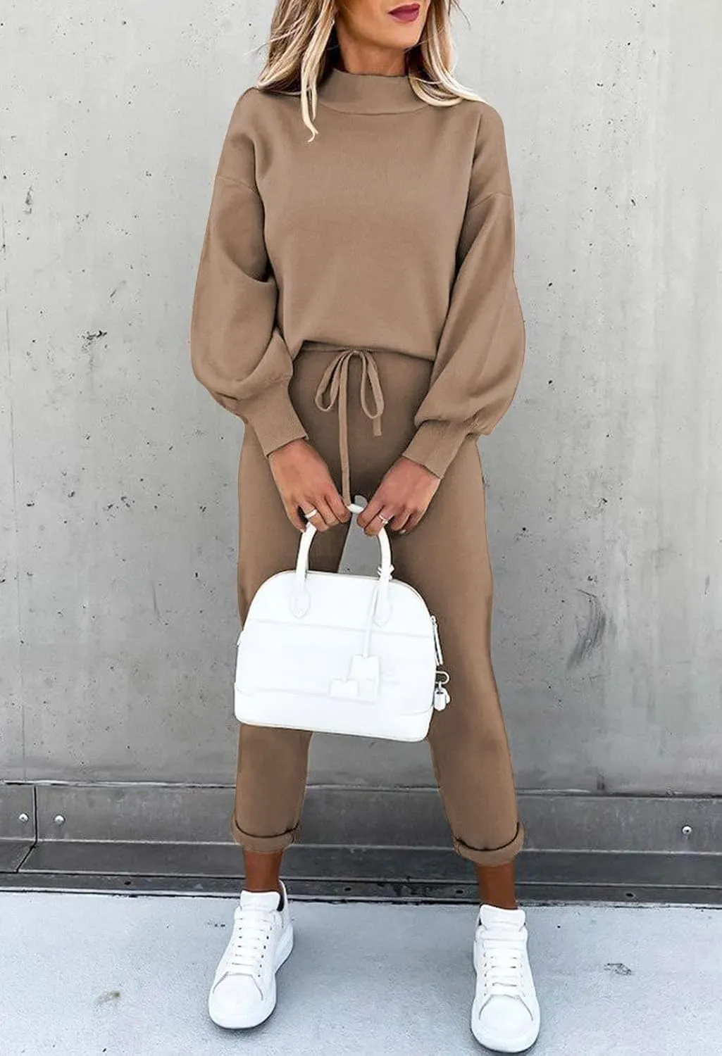 LaSuiveur Women's Two Piece Outfits Sweater Sets Knit Pullover with Drawstring Long Pants Tracksuit Lounge Set