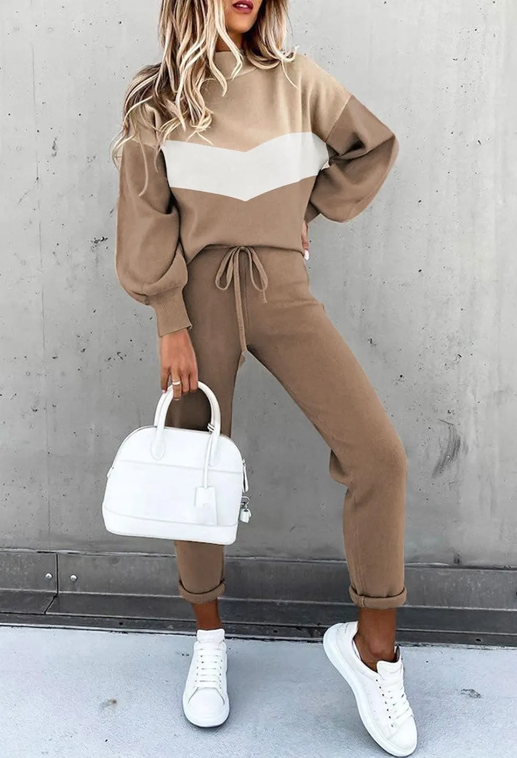 LaSuiveur Women's Two Piece Outfits Sweater Sets Knit Pullover with Drawstring Long Pants Tracksuit Lounge Set