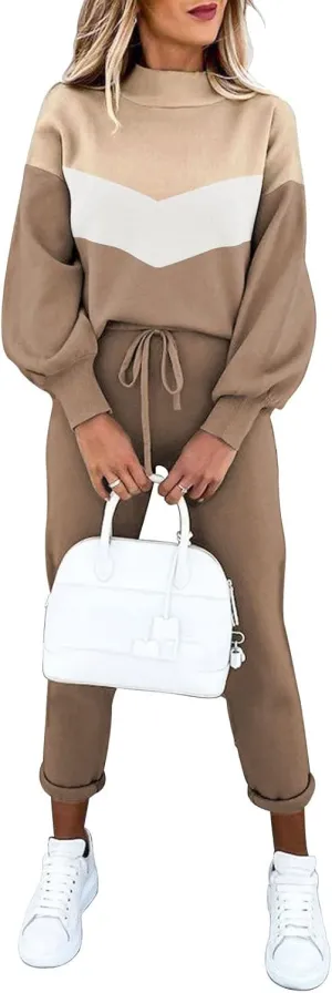 LaSuiveur Women's Two Piece Outfits Sweater Sets Knit Pullover with Drawstring Long Pants Tracksuit Lounge Set