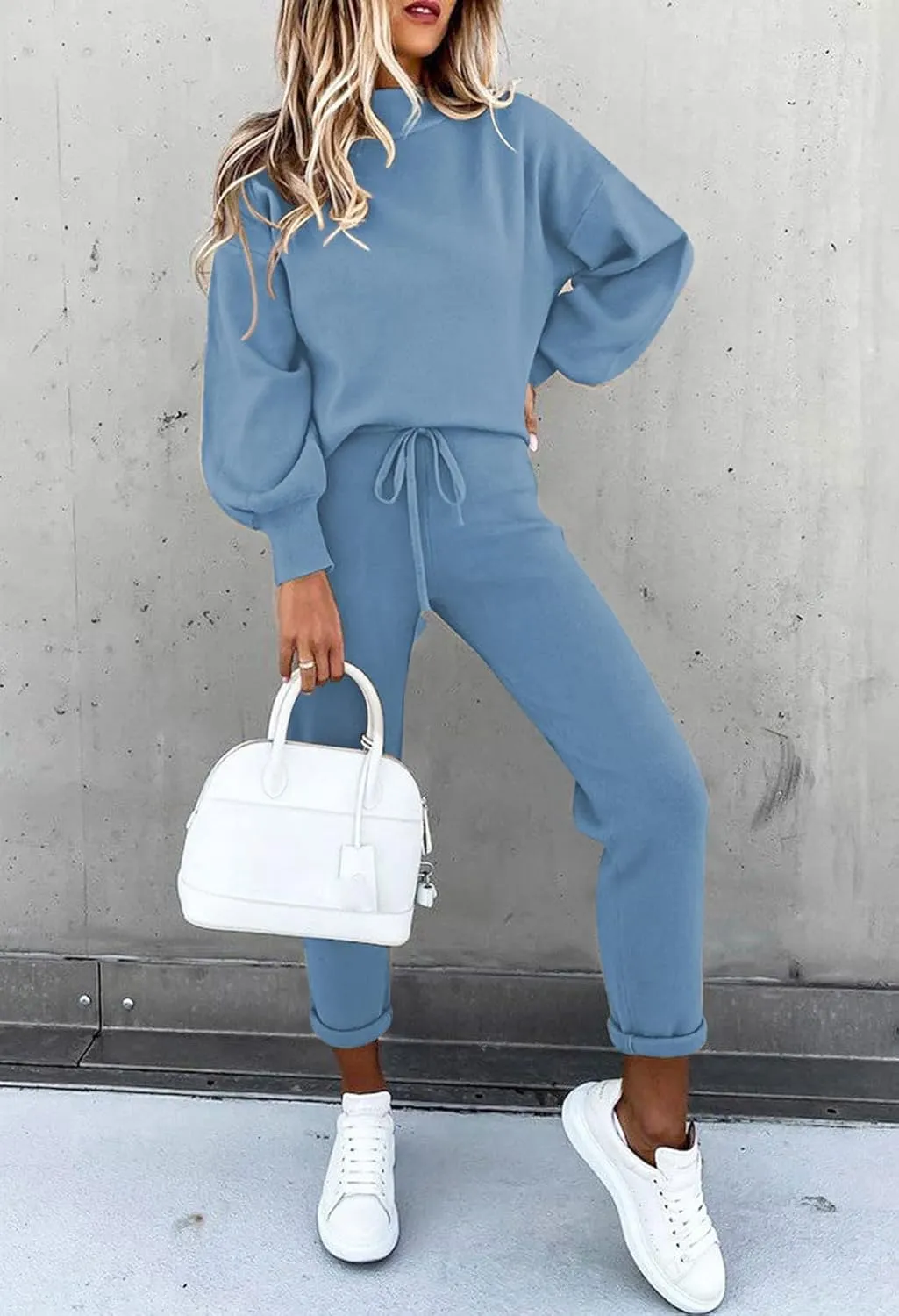 LaSuiveur Women's Two Piece Outfits Sweater Sets Knit Pullover with Drawstring Long Pants Tracksuit Lounge Set