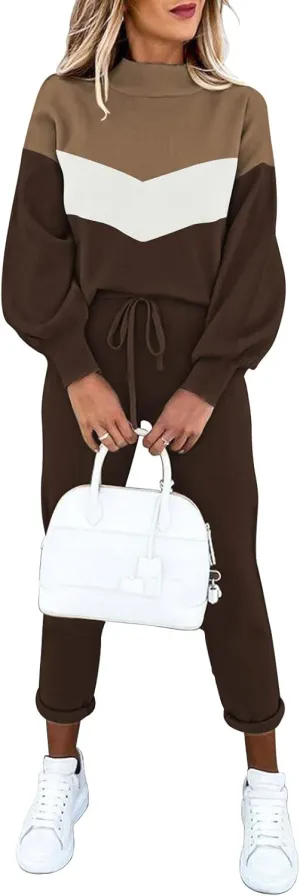 LaSuiveur Women's Two Piece Outfits Sweater Sets Knit Pullover with Drawstring Long Pants Tracksuit Lounge Set