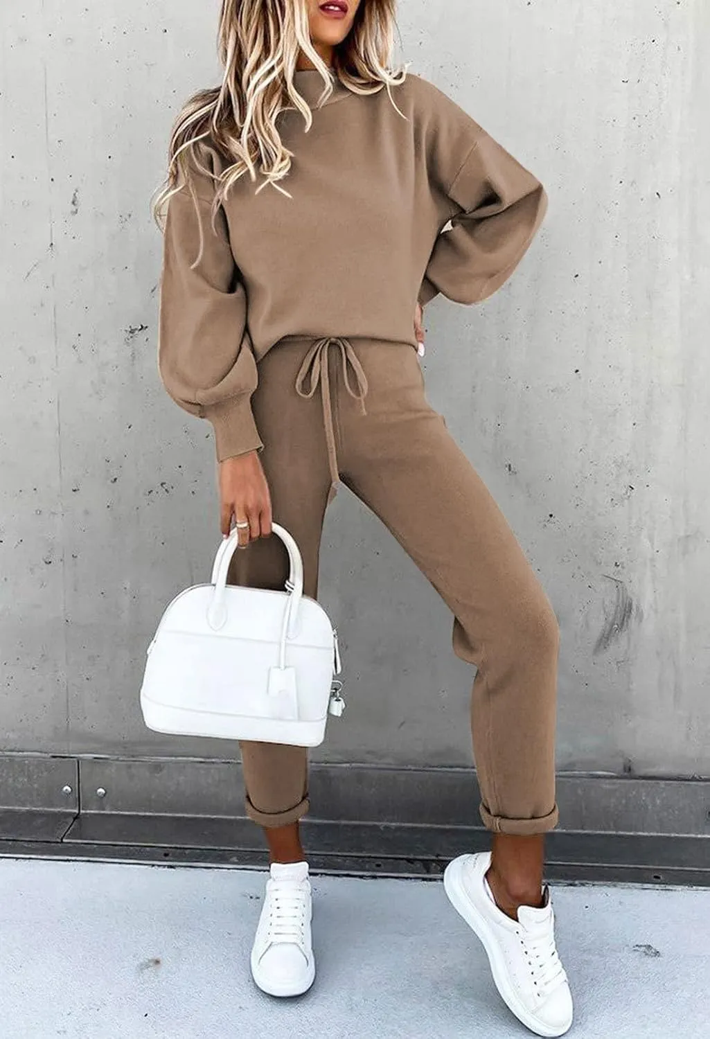 LaSuiveur Women's Two Piece Outfits Sweater Sets Knit Pullover with Drawstring Long Pants Tracksuit Lounge Set