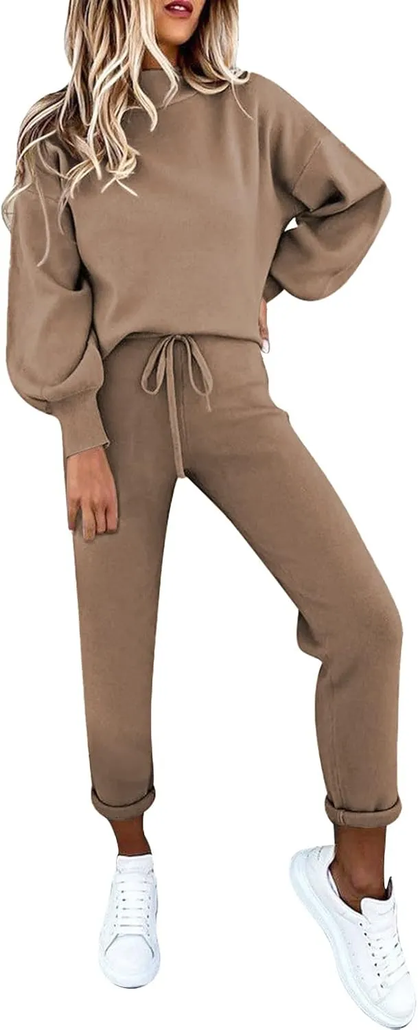 LaSuiveur Women's Two Piece Outfits Sweater Sets Knit Pullover with Drawstring Long Pants Tracksuit Lounge Set