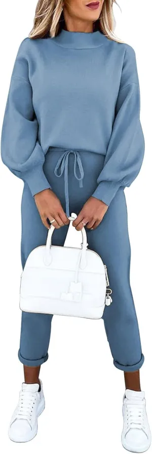 LaSuiveur Women's Two Piece Outfits Sweater Sets Knit Pullover with Drawstring Long Pants Tracksuit Lounge Set