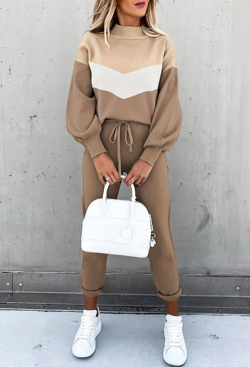 LaSuiveur Women's Two Piece Outfits Sweater Sets Knit Pullover with Drawstring Long Pants Tracksuit Lounge Set