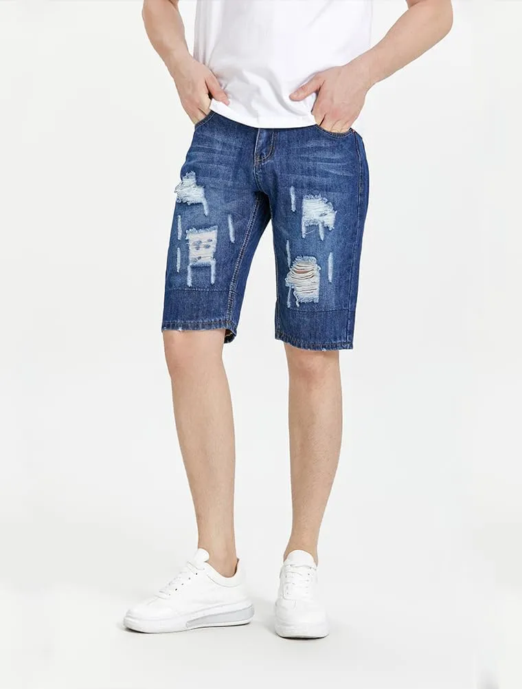 Lavnis Men's Moto Biker Jeans Shorts Ripped Distressed Denim Shorts with Broken Hole