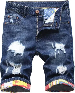Lavnis Men's Moto Biker Jeans Shorts Ripped Distressed Denim Shorts with Broken Hole