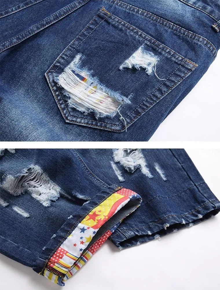Lavnis Men's Moto Biker Jeans Shorts Ripped Distressed Denim Shorts with Broken Hole