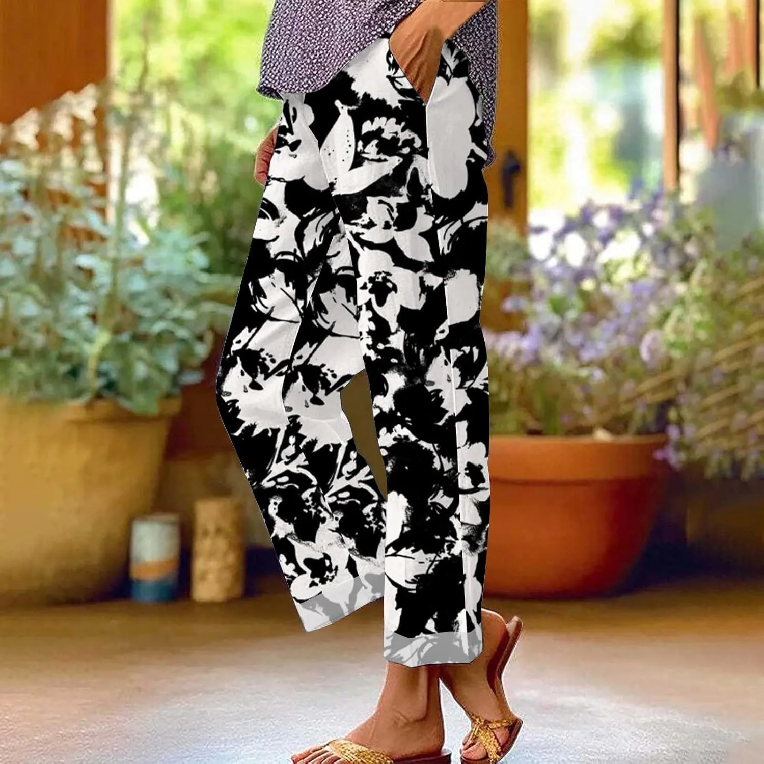 LCMTWX Women's Linen High Waisted Straight Pants Drawstring Linen Women Waist Cotton Casual Pants with Pockets Boho Clothes