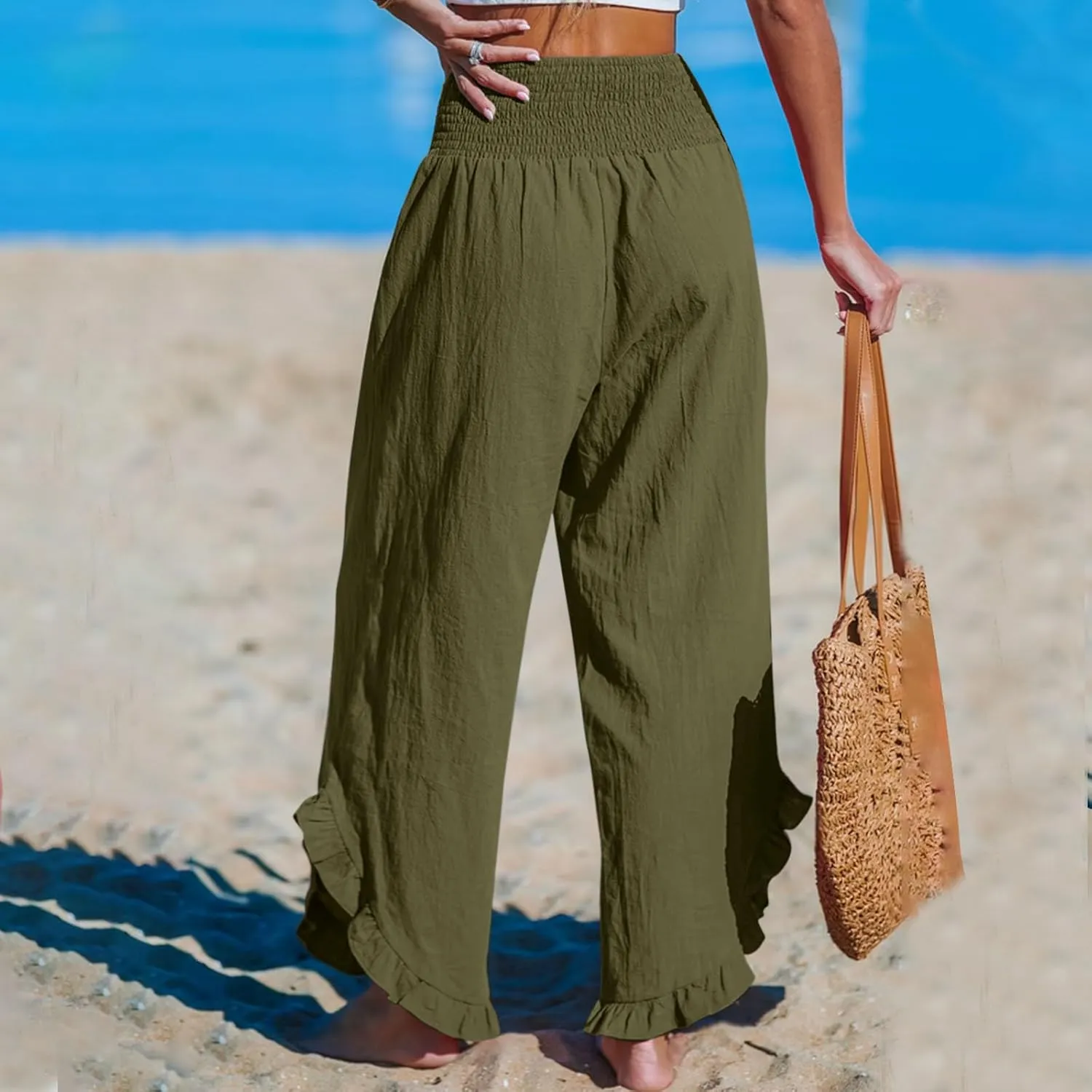 LEMONONSTORE Fashion Women Smocked Paperbag Wide Leg Pants Cute Ruffle Trim Hem Summer Linen Pant Loose Boho Beach Trousers