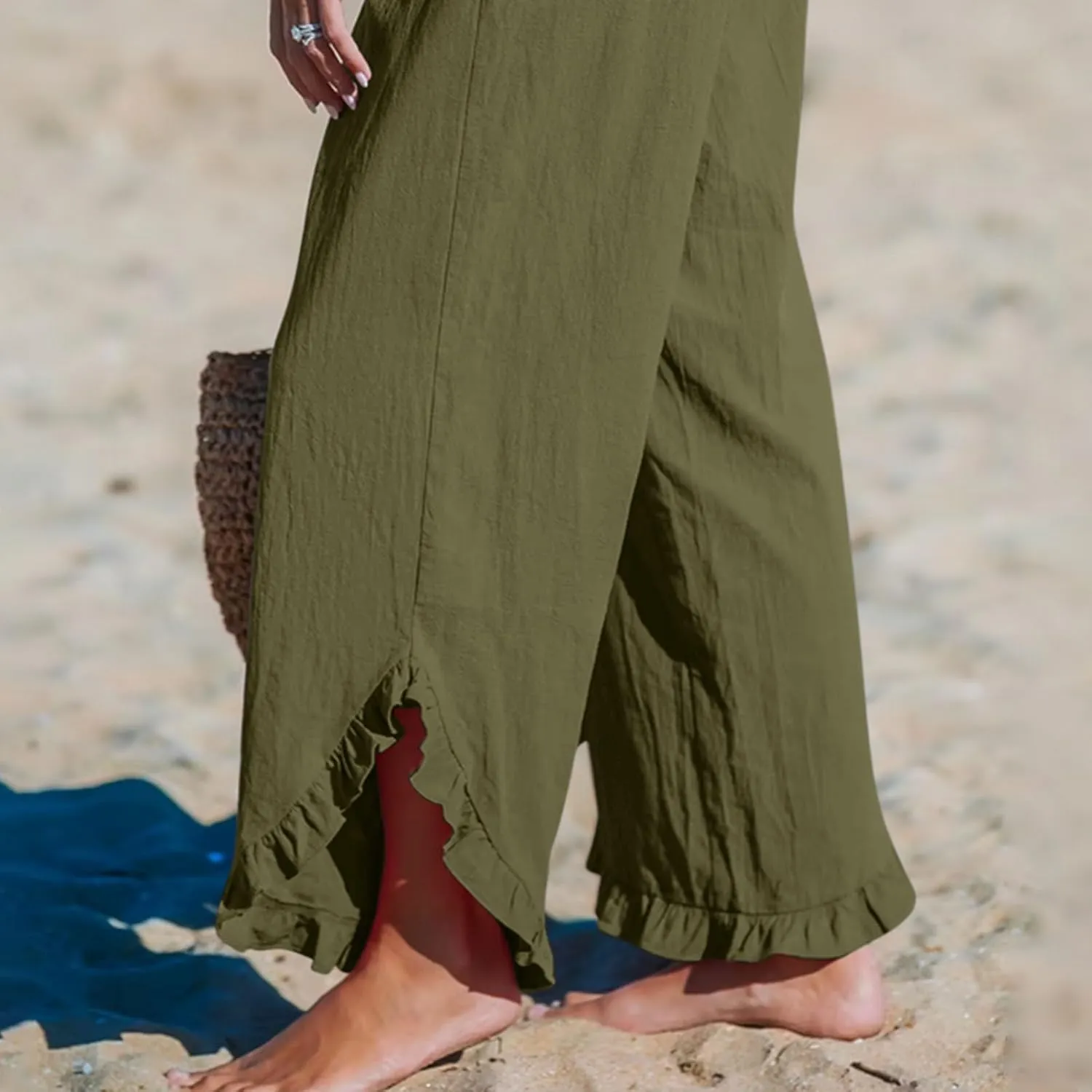 LEMONONSTORE Fashion Women Smocked Paperbag Wide Leg Pants Cute Ruffle Trim Hem Summer Linen Pant Loose Boho Beach Trousers