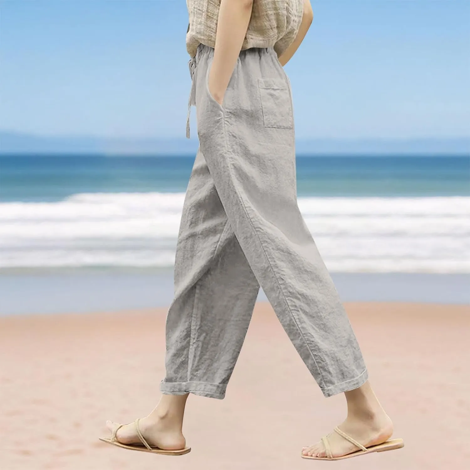 Liene Pants for Women,Womens Casual Summer 2025 Drawstring Elastic High Waist Pant Comfy Woman Trousers