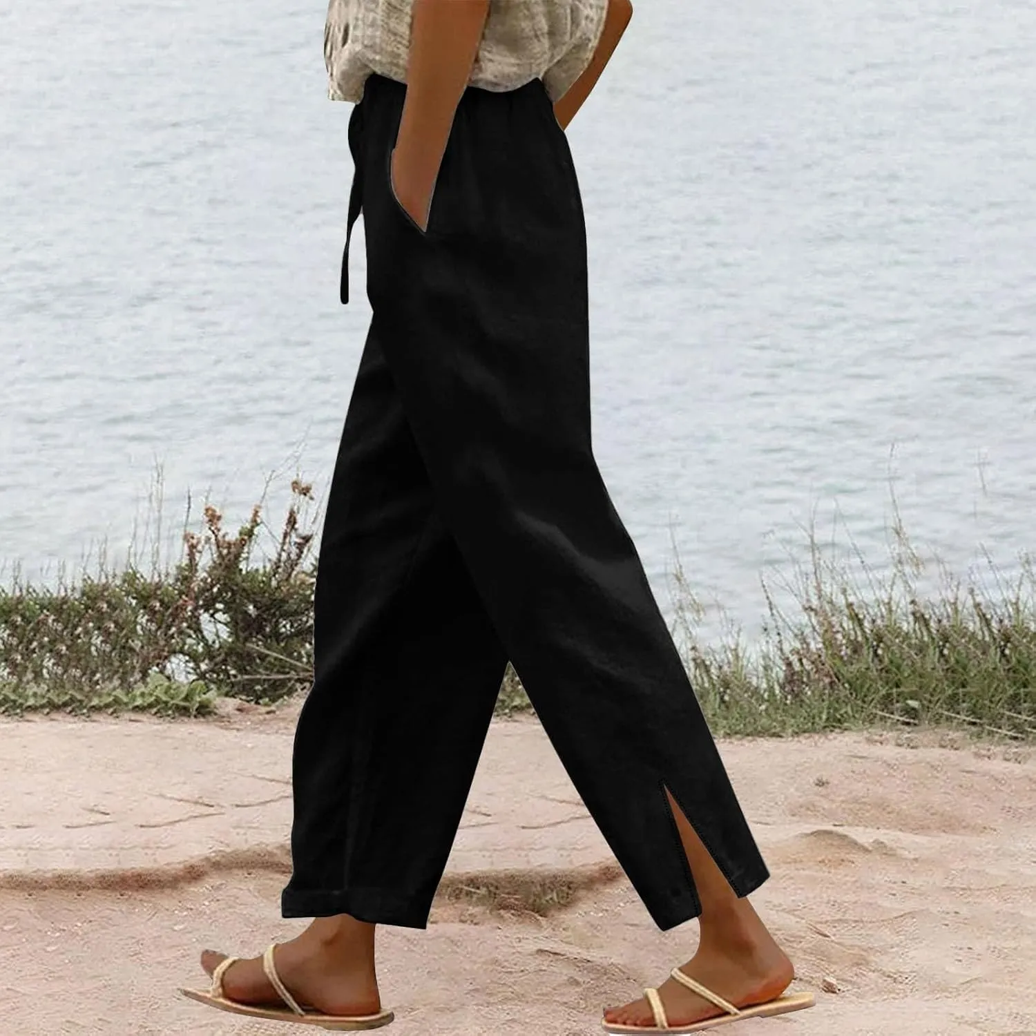 Liene Pants for Women,Wwomens Casual Summer 2025 Drawstring Elastic High Waist Pant Comfy Solid Color Trouser