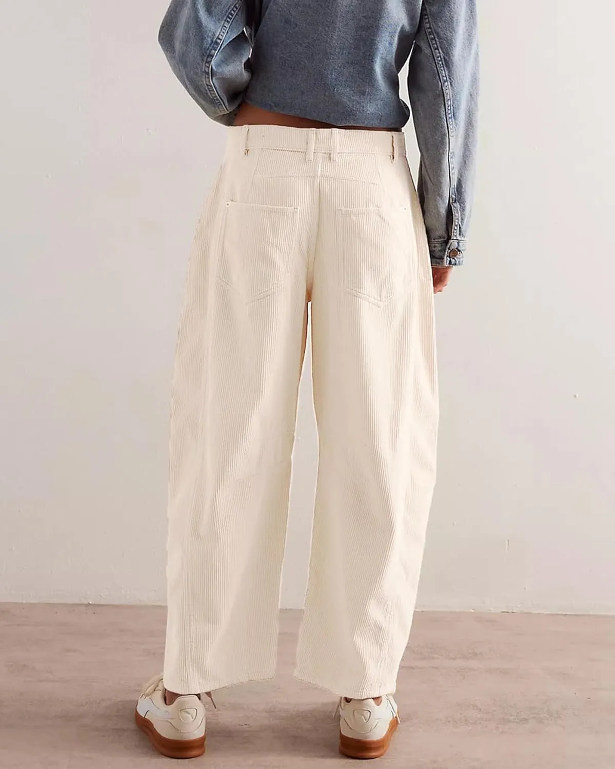 LifeShe Corduroy Pants Women Loose Mid Rise Barrel Pants Elastic Wide Leg Baggy Trouser with Pockets