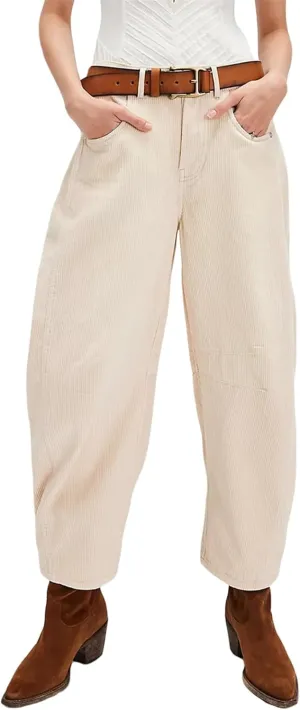 LifeShe Corduroy Pants Women Loose Mid Rise Barrel Pants Elastic Wide Leg Baggy Trouser with Pockets