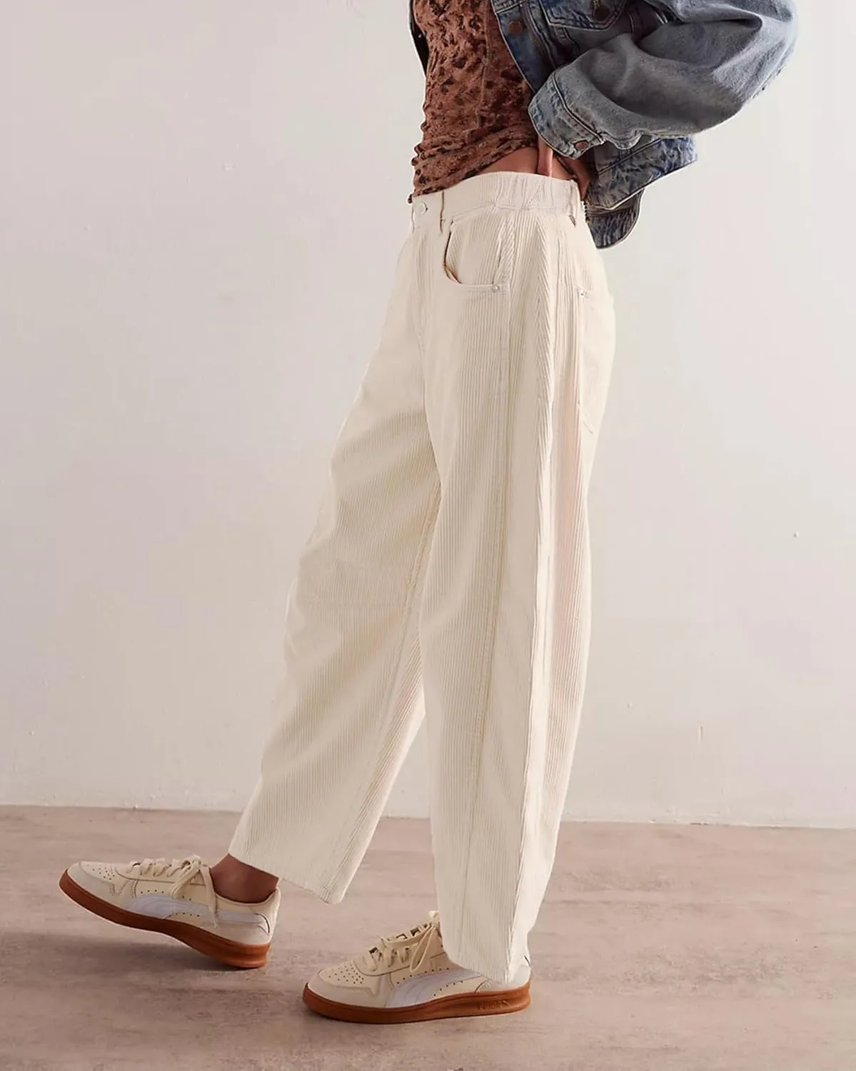 LifeShe Corduroy Pants Women Loose Mid Rise Barrel Pants Elastic Wide Leg Baggy Trouser with Pockets