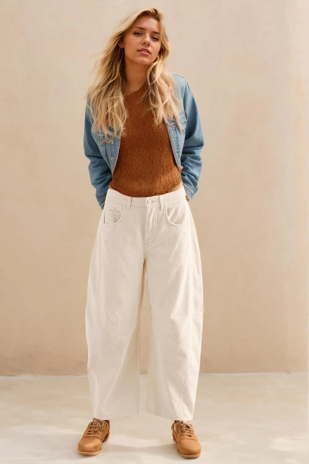 LifeShe Corduroy Pants Women Loose Mid Rise Barrel Pants Elastic Wide Leg Baggy Trouser with Pockets